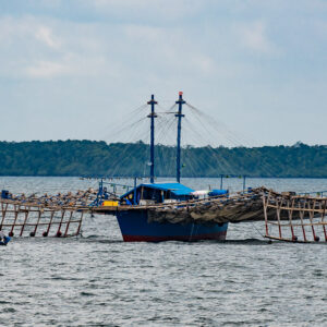Bateau de pêche traditionnel bagan à filet soulevé et armatures en bois, Misool, Raja Ampat, Indonésie