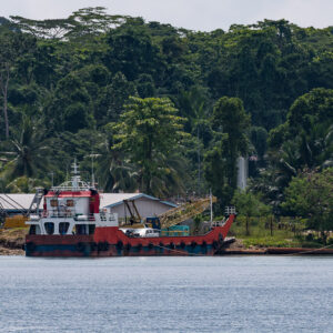 Barge de débarquement rouge et blanche amarrée sur une rive boisée industrielle, Misool, Raja Ampat, Indonésie