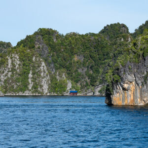 Orange-streaked limestone headland with forested karst coastline, Misool, Raja Ampat, Indonesia