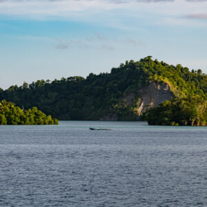 Forested island in late-afternoon light with a lone boat, Misool, Raja Ampat, Indonesia