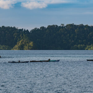 Several fishermen’s canoes on calm water below forested hills, Misool, Raja Ampat, Indonesia