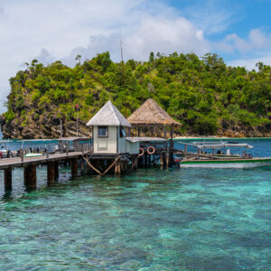 Wooden jetty with small hut and thatched gazebo, dive boats moored, Misool, Raja Ampat, Indonesia