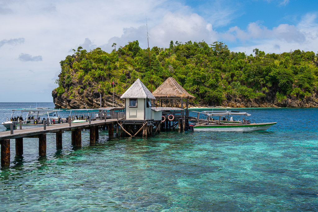 Wooden jetty with small hut and thatched gazebo, dive boats moored, Misool, Raja Ampat, Indonesia