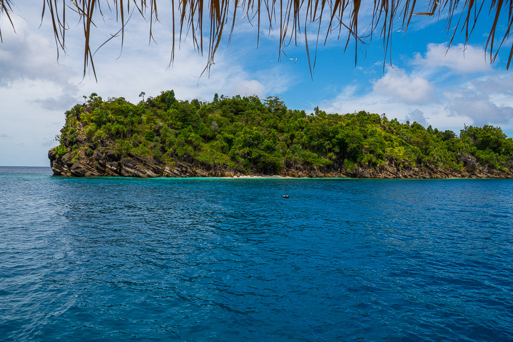 Wooded island framed by the fringe of a thatched roof, Misool, Raja Ampat, Indonesia