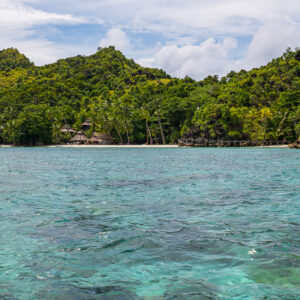 Forested island and beach behind clear turquoise shallows, Misool, Raja Ampat, Indonesia