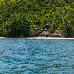 Villas en chaume parmi les cocotiers sur le sable blanc, Misool, Raja Ampat, Indonésie