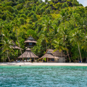 Villas en chaume sous les cocotiers sur une plage blanche, vertical, Misool, Raja Ampat, Indonésie