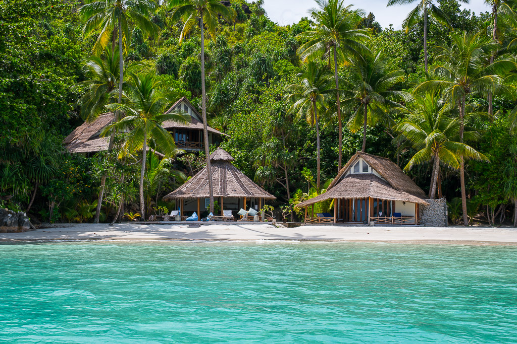 Vue rapprochée de villas en chaume entre cocotiers et eau turquoise, Misool, Raja Ampat, Indonésie