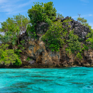 Vue rapprochée d’un haut îlot rocheux à la végétation dense, Misool, Raja Ampat, Indonésie