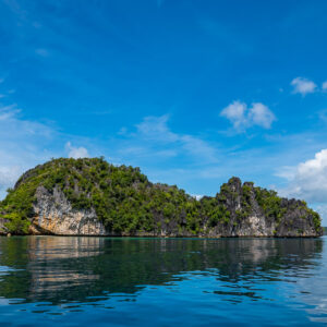 Wooded karst island reflected in calm blue water, Misool, Raja Ampat, Indonesia