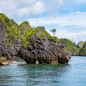 Arche rocheuse naturelle au pied d’une île karstique déchiquetée, Misool, Raja Ampat, Indonésie