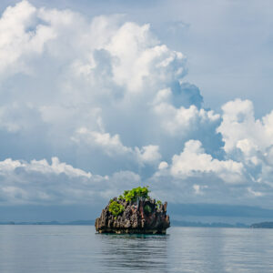 Lone tiny rock islet under towering clouds, vertical, Misool, Raja Ampat, Indonesia