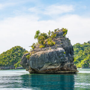 Lone undercut limestone rock in front of wooded islands, Misool, Raja Ampat, Indonesia