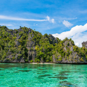 Jagged karst island above bright green reef shallows, Misool, Raja Ampat, Indonesia