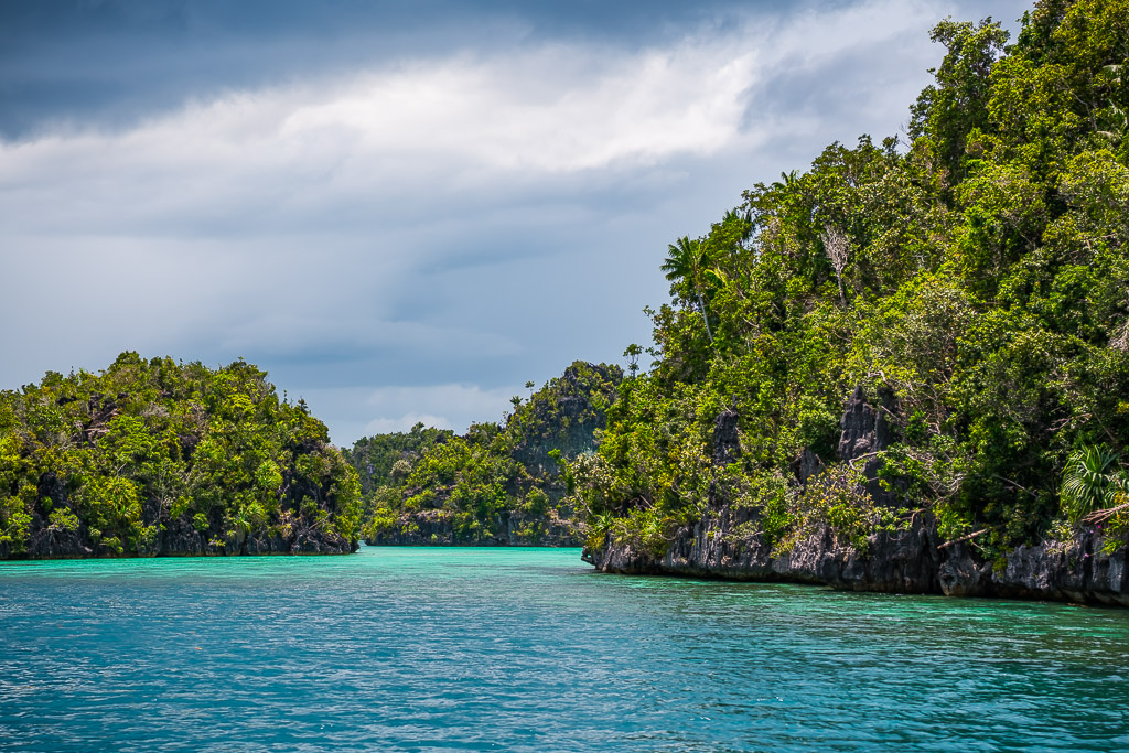 Chenal turquoise entre des îles karstiques couvertes de jungle, ciel gris, Misool, Raja Ampat, Indonésie