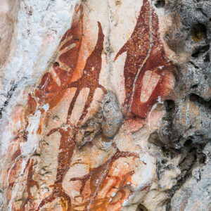 Vue rapprochée de motifs figuratifs à l’ocre rouge sur calcaire, vertical, Misool, Raja Ampat, Indonésie