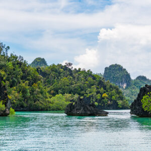 Turquoise lagoon surrounded by jungle-covered karst islands, Misool, Raja Ampat, Indonesia