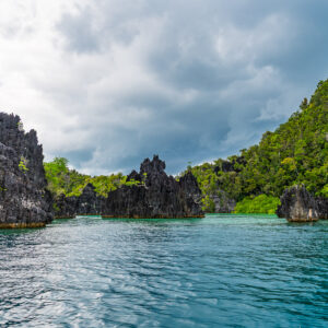 Dark jagged karst rocks along a lagoon under an overcast sky, Misool, Raja Ampat, Indonesia
