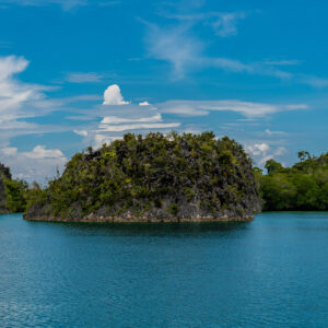 Forested karst islets in a calm turquoise lagoon under blue sky, Waigeo, Raja Ampat, Indonesia