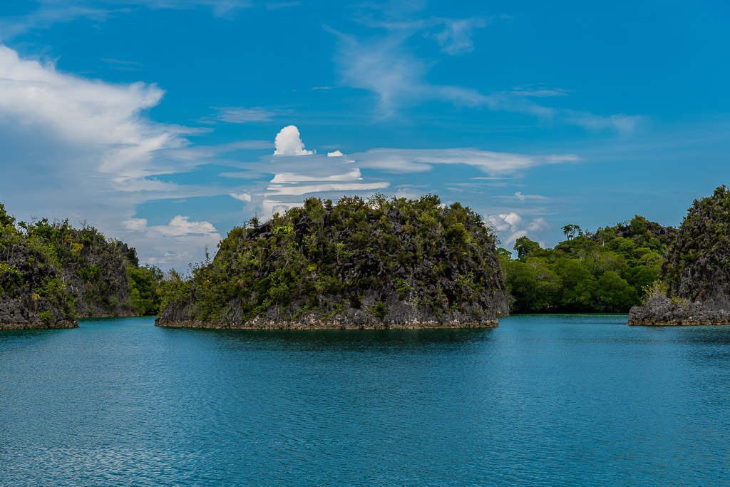 Forested karst islets in a calm turquoise lagoon under blue sky, Waigeo, Raja Ampat, Indonesia