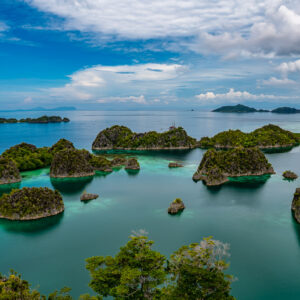 Mushroom islets dotting a turquoise lagoon under a cloudy sky, Waigeo, Raja Ampat, Indonesia