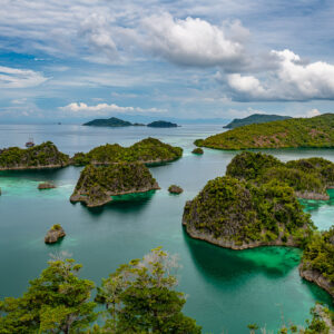 Islet-studded lagoon framed by trees in the foreground, Waigeo, Raja Ampat, Indonesia