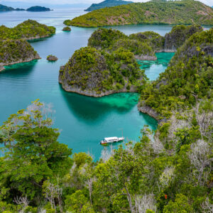 Boat in a turquoise channel between islets, wider view, Waigeo, Raja Ampat, Indonesia