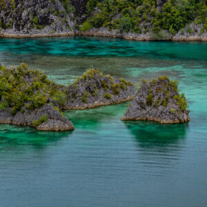 Îlots karstiques au-dessus d’un récif peu profond dans une eau verte limpide, Waigeo, Raja Ampat, Indonésie