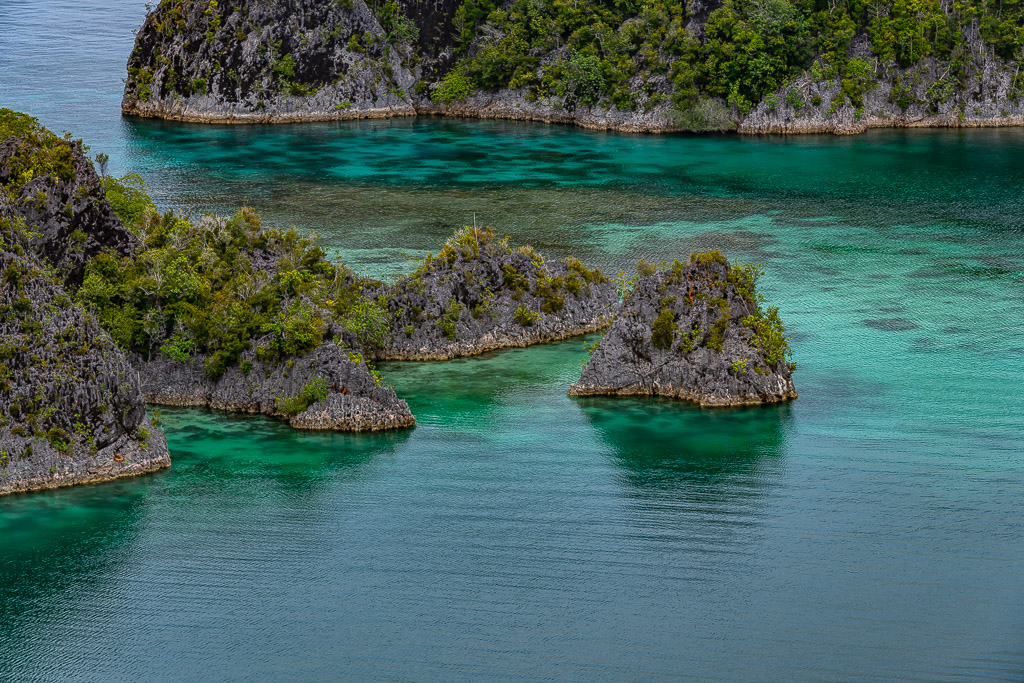 Îlots karstiques au-dessus d’un récif peu profond dans une eau verte limpide, Waigeo, Raja Ampat, Indonésie