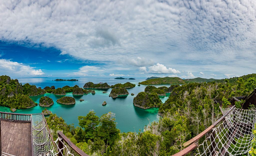 Wooden viewing platform overlooking an islet-studded lagoon, Waigeo, Raja Ampat, Indonesia