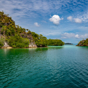 Green karst coastline and islets under scattered clouds, Raja Ampat, Indonesia