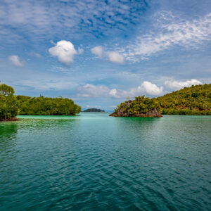 Calm green lagoon with forested islets on the horizon, Raja Ampat, Indonesia