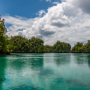 Lagoon framed by a forested cliff with islets and big cumulus clouds, Waigeo, Raja Ampat, Indonesia