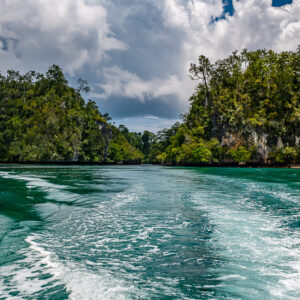 Boat wake through a channel between jungle-covered islands, Waigeo, Raja Ampat, Indonesia