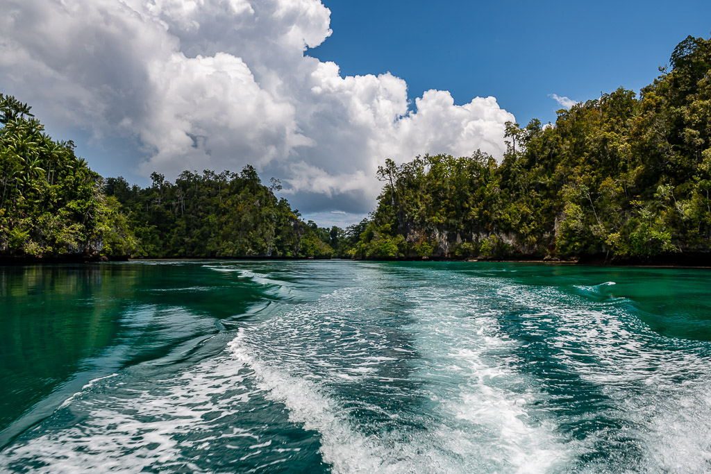 Foaming boat wake leading between forested islands under cumulus, Waigeo, Raja Ampat, Indonesia