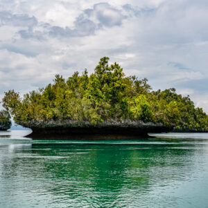 Wide mushroom islet with a smaller one floating on a calm lagoon, Waigeo, Raja Ampat, Indonesia