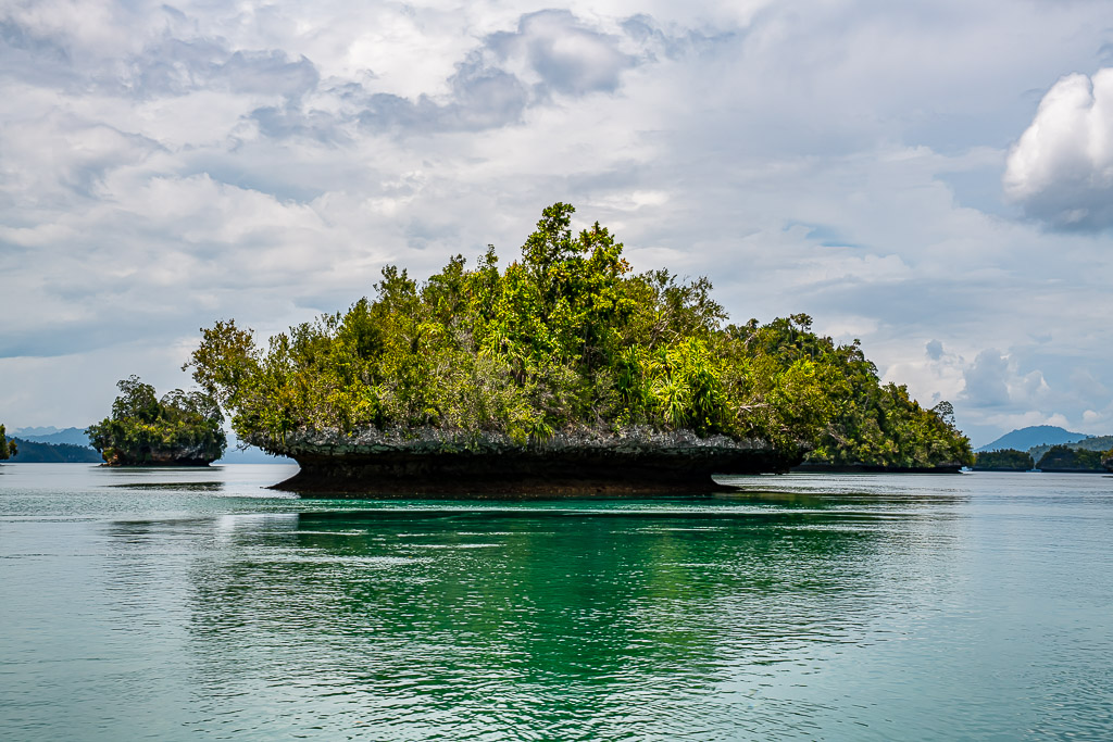 Wide mushroom islet with a smaller one floating on a calm lagoon, Waigeo, Raja Ampat, Indonesia