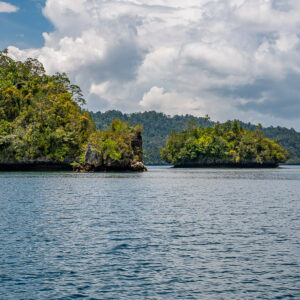 Forested headland and islet with distant hills, choppy water, Waigeo, Raja Ampat, Indonesia