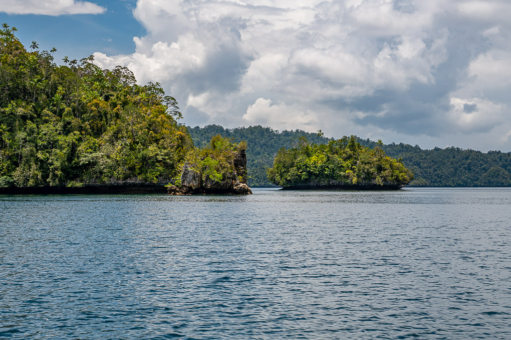 Forested headland and islet with distant hills, choppy water, Waigeo, Raja Ampat, Indonesia