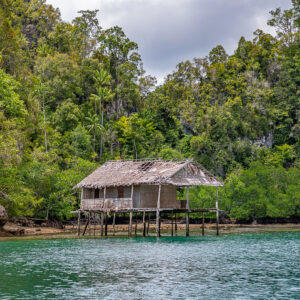 Stilt hut over turquoise water before a forested limestone hill, Waigeo, Raja Ampat, Indonesia