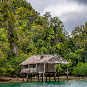 Stilt hut below a limestone cliff under grey sky, vertical, Waigeo, Raja Ampat, Indonesia