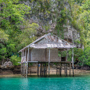 Weathered stilt hut beside a rocky jungle shore, close view, Waigeo, Raja Ampat, Indonesia