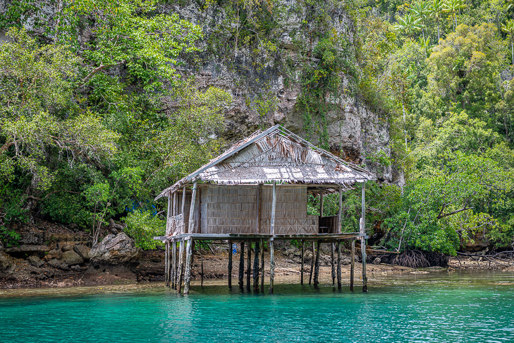 Weathered stilt hut beside a rocky jungle shore, close view, Waigeo, Raja Ampat, Indonesia