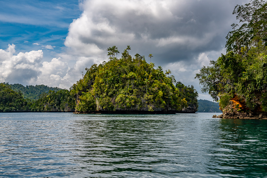 Rounded jungle islet framed between forested cliffs, Waigeo, Raja Ampat, Indonesia
