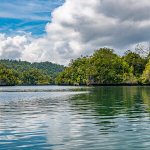 Calm channel between forested islands with mirror reflections, Waigeo, Raja Ampat, Indonesia