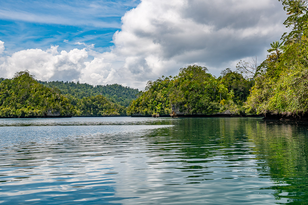 Calm channel between forested islands with mirror reflections, Waigeo, Raja Ampat, Indonesia