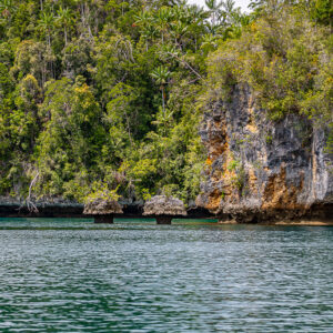 Limestone cliff with orange streaks and tiny mushroom rocks at its base, Waigeo, Raja Ampat, Indonesia