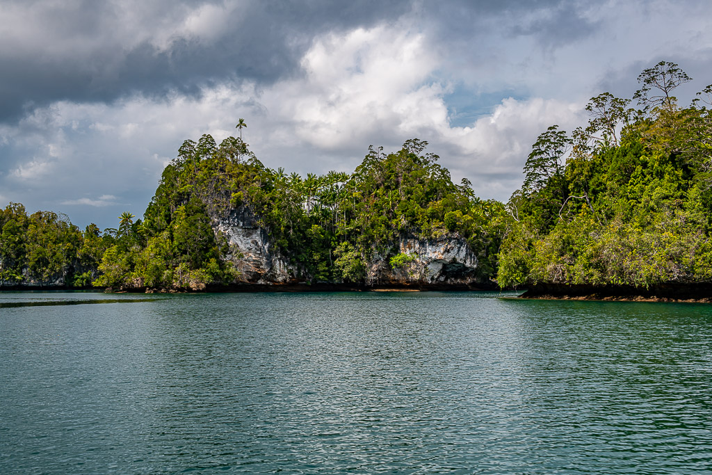 Limestone islets covered in jungle under cloudy sky over calm lagoon, Waigeo, Raja Ampat, Indonesia