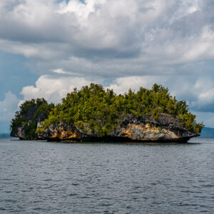 Low undercut islet with orange limestone base and distant mountains, Waigeo, Raja Ampat, Indonesia