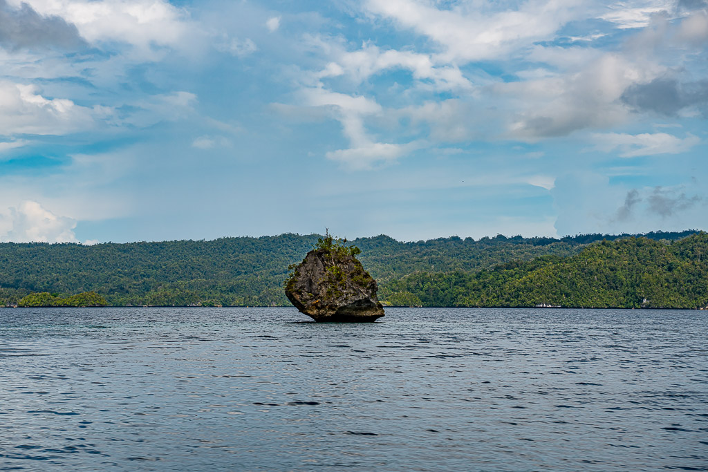 Single small rock pinnacle in front of a long forested island, Waigeo, Raja Ampat, Indonesia